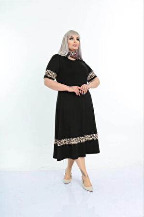 Kadın Siyah Kol ve Etek Ucu Leopar Desenli Büyük Beden Elbise