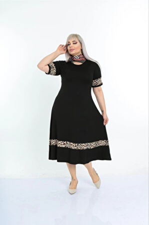 Kadın Siyah Kol ve Etek Ucu Leopar Desenli Büyük Beden Elbise