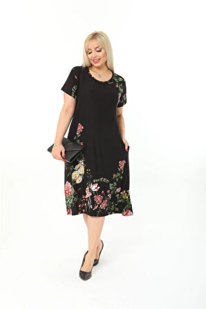 Büyük Beden Siyah Çiçek Desenli Kısa Kol Elbise