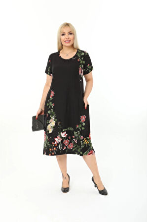 Büyük Beden Siyah Çiçek Desenli Kısa Kol Elbise