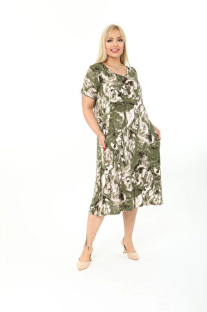 Büyük Beden Yeşil Ebru Desenli Kısa Kol Elbise