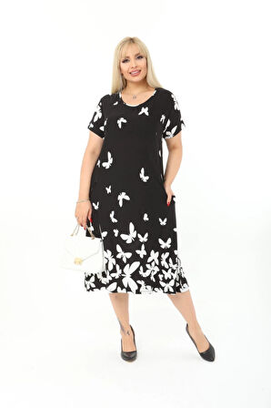 Büyük Beden Siyah Kelebek Desenli Kısa Kol Elbise