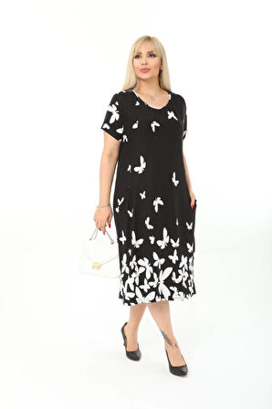 Büyük Beden Siyah Kelebek Desenli Kısa Kol Elbise
