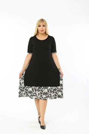 Kadın Siyah Büyük Beden Eteği Yaprak Desenli Kısa Kol Elbise