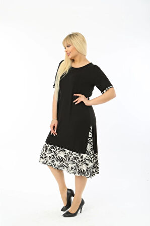 Kadın Siyah Büyük Beden Eteği Yaprak Desenli Kısa Kol Elbise