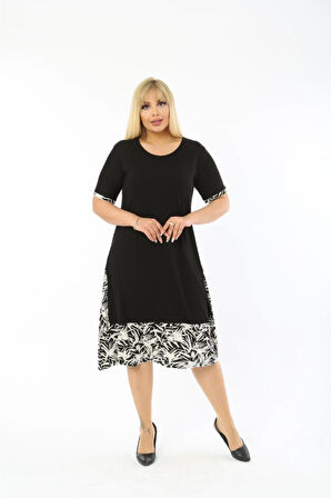 Kadın Siyah Büyük Beden Eteği Yaprak Desenli Kısa Kol Elbise