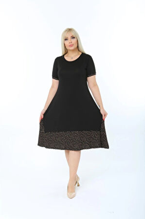 Kadın Siyah Büyük Beden Eteği Puantiyeli Kısa Kol Elbise