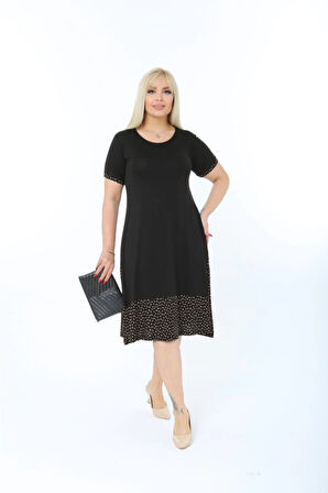 Kadın Siyah Büyük Beden Eteği Puantiyeli Kısa Kol Elbise