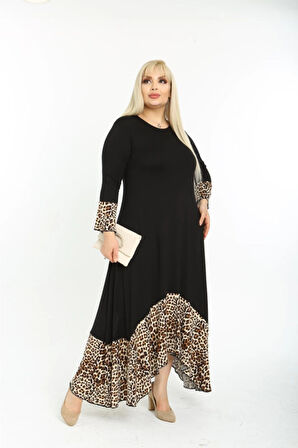 Kadın Siyah Leopar Desenli Büyük Beden Elbise 11elb974