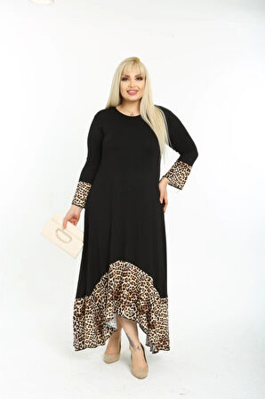Kadın Siyah Leopar Desenli Büyük Beden Elbise 11elb974