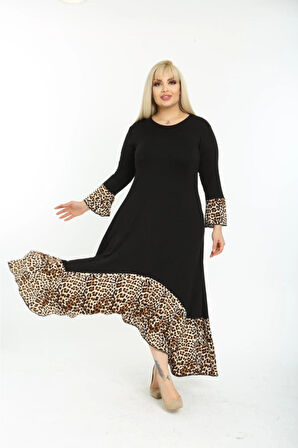 Kadın Siyah Leopar Desenli Büyük Beden Elbise 11elb974