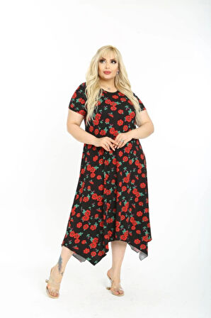 Kadın Büyük Beden Siyah Desenli Kısa Kollu Elbise