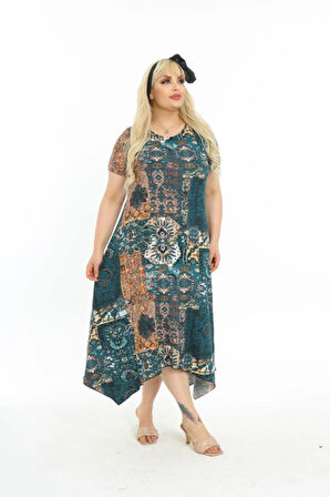 Kadın Büyük Beden Siyah Desenli Kısa Kollu Elbise