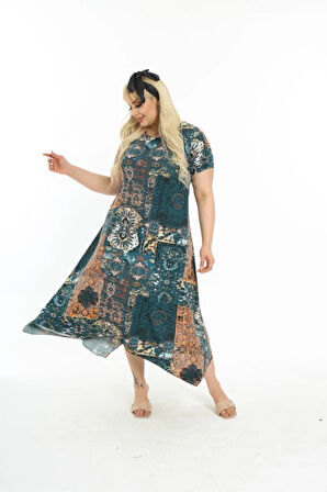 Kadın Büyük Beden Siyah Desenli Kısa Kollu Elbise