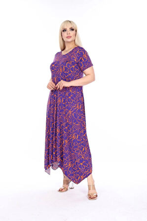 Kadın Büyük Beden Asimetrik Desenli Kısa Kollu Elbise