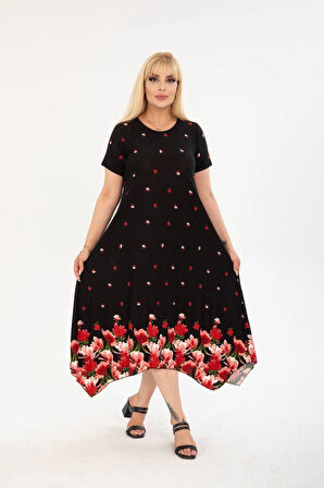 Kadın Büyük Beden Asimetrik Desenli Kısa Kollu Elbise