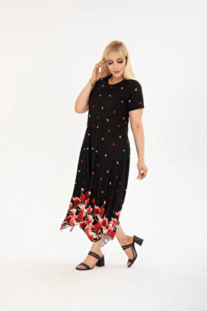 Kadın Büyük Beden Asimetrik Desenli Kısa Kollu Elbise