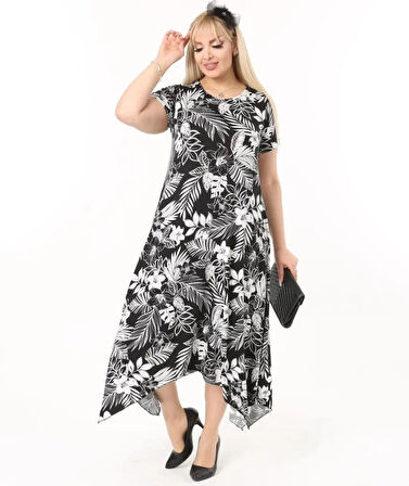 Kadın Büyük Beden Siyah Desenli Kısa Kollu Elbise