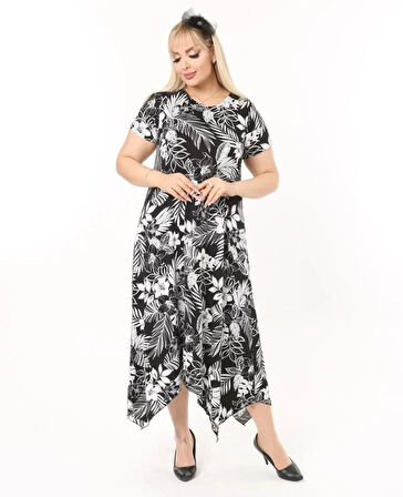 Kadın Büyük Beden Siyah Desenli Kısa Kollu Elbise