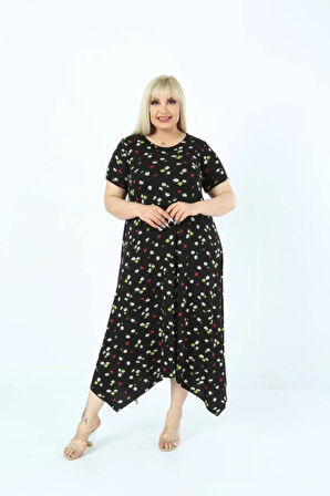 Kadın Büyük Beden Siyah Desenli Kısa Kollu Elbise