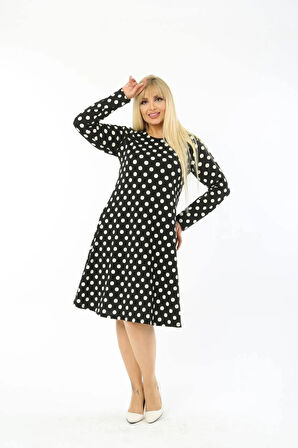 Kadın Büyük Beden Uzun Kollu Desenli Midi Elbise