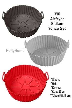 3'lü Silikon Airfryer Yonca Pişirme Kalıbı Seti; Siyah, Gri, Kırmızı Yonca Model 20x5cm