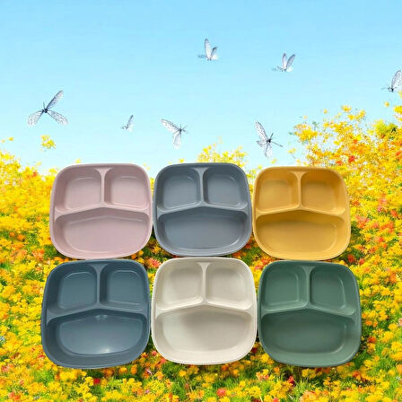 6 Adet Renkli 3 Bölmeli Kahvaltı Tabağı Plastik Piknik Kamp Çerez Yemek Servis Tabağı 21,5x23x3,5cm