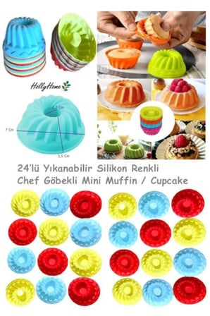 24'lü Yıkanabilir Mini Chef Göbekli Muffin Pişirme Kalıbı, Silikon Kek, Cupcake, Hamur Işi Kap