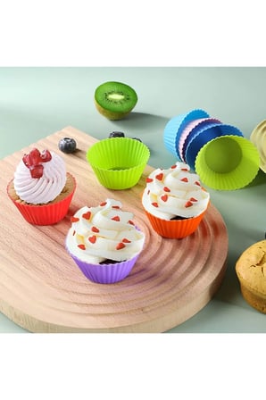 12'li Yıkanabilir Mini Muffin Pişirme Kalıbı, Silikon Ribanalı Kek, Cupcake, Hamur Işi Renkli Kap