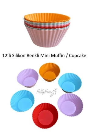 12'li Yıkanabilir Mini Muffin Pişirme Kalıbı, Silikon Ribanalı Kek, Cupcake, Hamur Işi Renkli Kap