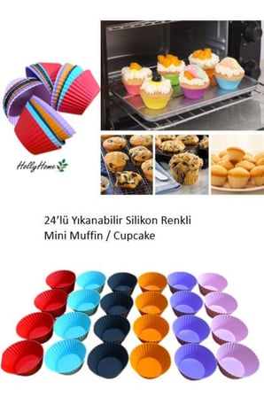 24’lü Yıkanabilir Mini Tırtıklı Muffin Pişirme Kalıbı, Ribanalı Kek, Cupcake, Hamur Işi Renkli Kap