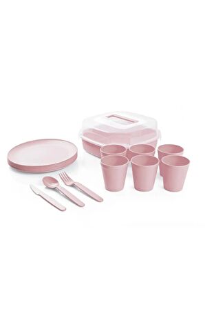 Üçsan 38 Parça 6 Kişilik Kaseli Çantalı Elegant Piknik Seti Yuvarlak Tabak Pudra Pembe HH