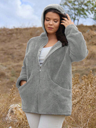 Kadın Büyük Beden Uzun Kollu Cepli Kapüşonlu Fermuarlı Peluş Hırka Ceket