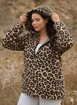 Kadın Büyük Beden Uzun Kollu Cepli Kapüşonlu Fermuarlı Peluş Hırka Ceket