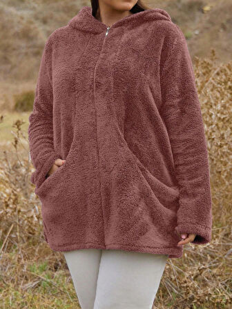 Kadın Büyük Beden Uzun Kollu Cepli Kapüşonlu Fermuarlı Peluş Hırka Ceket