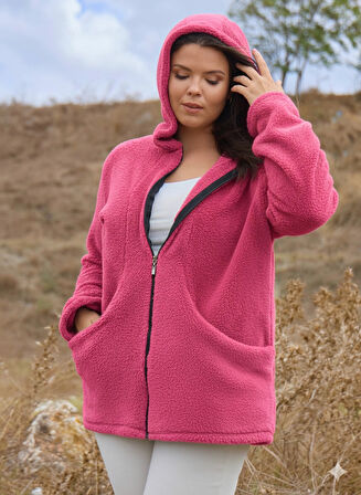 Kadın Büyük Beden Uzun Kollu Cepli Kapüşonlu Fermuarlı Peluş Hırka Ceket