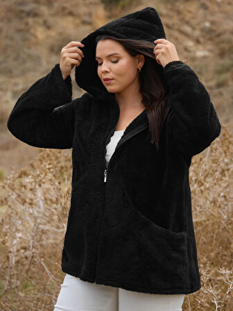 Kadın Büyük Beden Uzun Kollu Cepli Kapüşonlu Fermuarlı Peluş Hırka Ceket