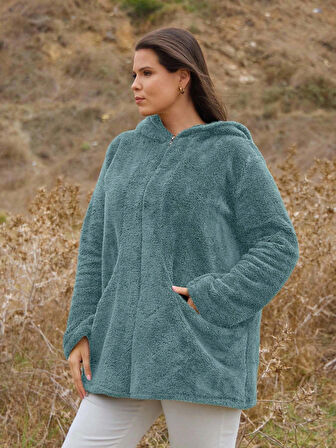 Kadın Büyük Beden Uzun Kollu Cepli Kapüşonlu Fermuarlı Peluş Hırka Ceket