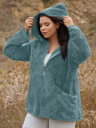Kadın Büyük Beden Uzun Kollu Cepli Kapüşonlu Fermuarlı Peluş Hırka Ceket