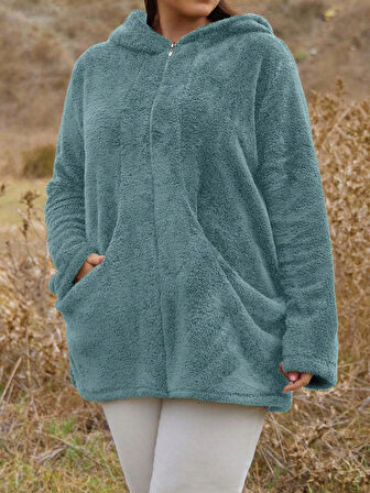 Kadın Büyük Beden Uzun Kollu Cepli Kapüşonlu Fermuarlı Peluş Hırka Ceket