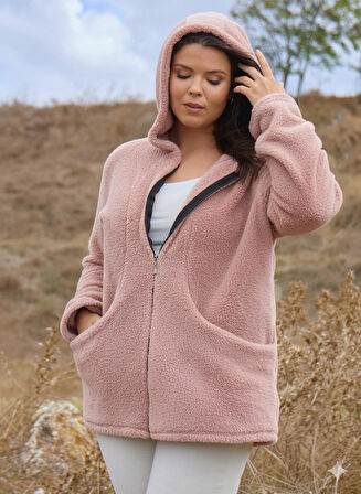 Kadın Büyük Beden Uzun Kollu Cepli Kapüşonlu Fermuarlı Peluş Hırka Ceket