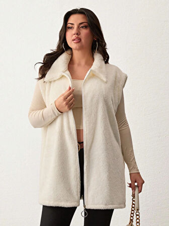 Kadın Büyük Beden Fermuarlı Welsoft Peluş Kolsuz Yelek
