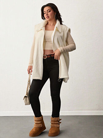 Kadın Büyük Beden Fermuarlı Welsoft Peluş Kolsuz Yelek