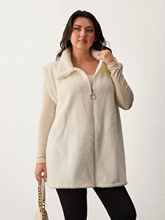Kadın Büyük Beden Fermuarlı Welsoft Peluş Kolsuz Yelek