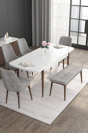 Roy Serisi 80x132 Mdf Beyaz Masa Ceviz Ayak Masa Takımı 4 Gri Sandalye Ve 1 Bench
