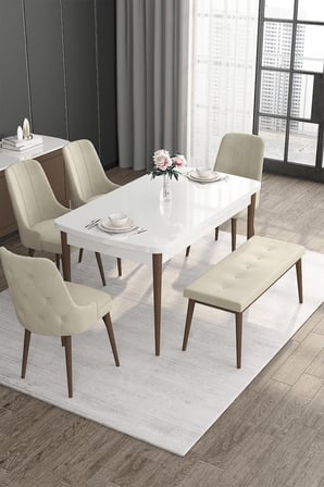 Roy Serisi 80x132 Mdf Beyaz Masa Ceviz Ayak Masa Takımı 4 Krem Sandalye Ve 1 Bench