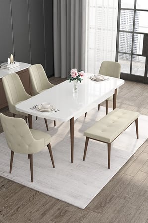 Roy Serisi 80x132 Mdf Beyaz Masa Ceviz Ayak Masa Takımı 4 Krem Sandalye Ve 1 Bench