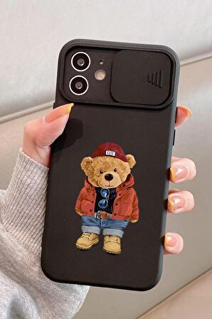 Slider Koruma Kapaklı iPhone 11  Teddy Bear Desenli Telefon Kılıfı