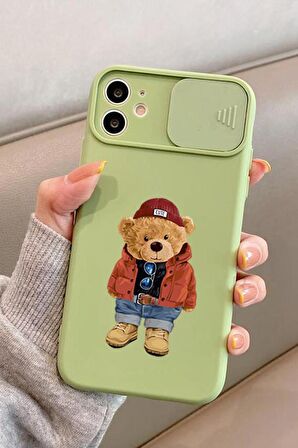 Slider Koruma Kapaklı iPhone 11  Teddy Bear Desenli Telefon Kılıfı