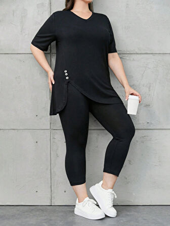 Kadın Büyük Beden Kısa Kollu Düğme Detaylı V Yaka Viskon Takım